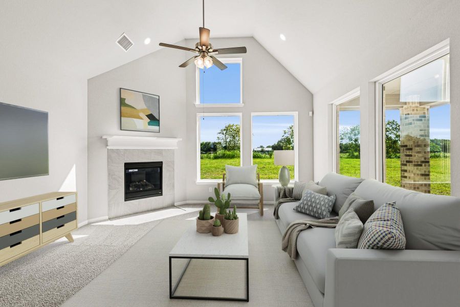 Sun-lit great room with cozy fireplace (*Photo not of actual home and used for illustration purposes only.)