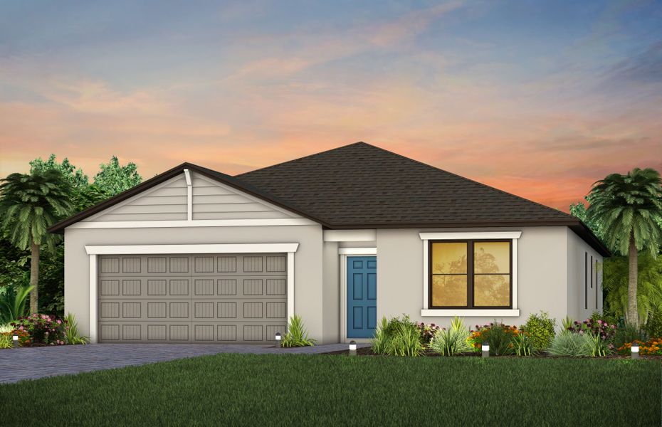 Front exterior of a new home in Whispering Lakes, Lehigh Acres, FL, highlighting curb appeal (Image 2).