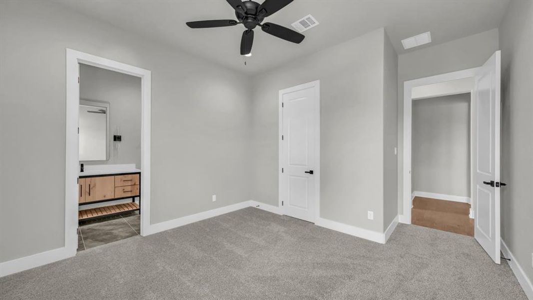 Carpeted room with a black ceiling fan, light gray walls, and white trim