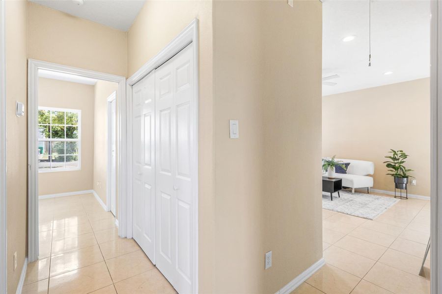 Utility room space creates privacy for the bedrooms' wing Utility room space creates privacy for the bedrooms' wing