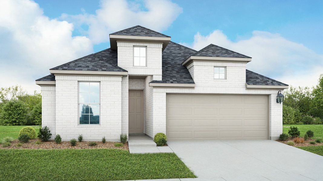 Representative exterior photo of a completed home built from the Aruba by DRB Homes in Prairie Green, Converse, TX (Image 1). Representative exterior photo of a completed home built from the Aruba by DRB Homes in Prairie Green, Converse, TX (Image 1).