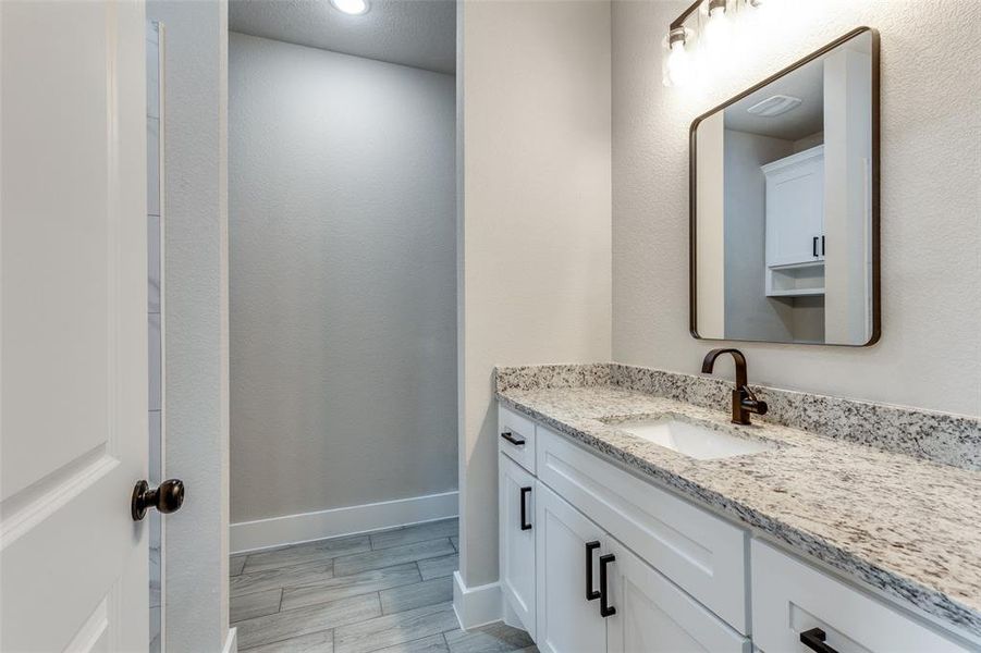 Bathroom featuring wood-type flooring and vanity