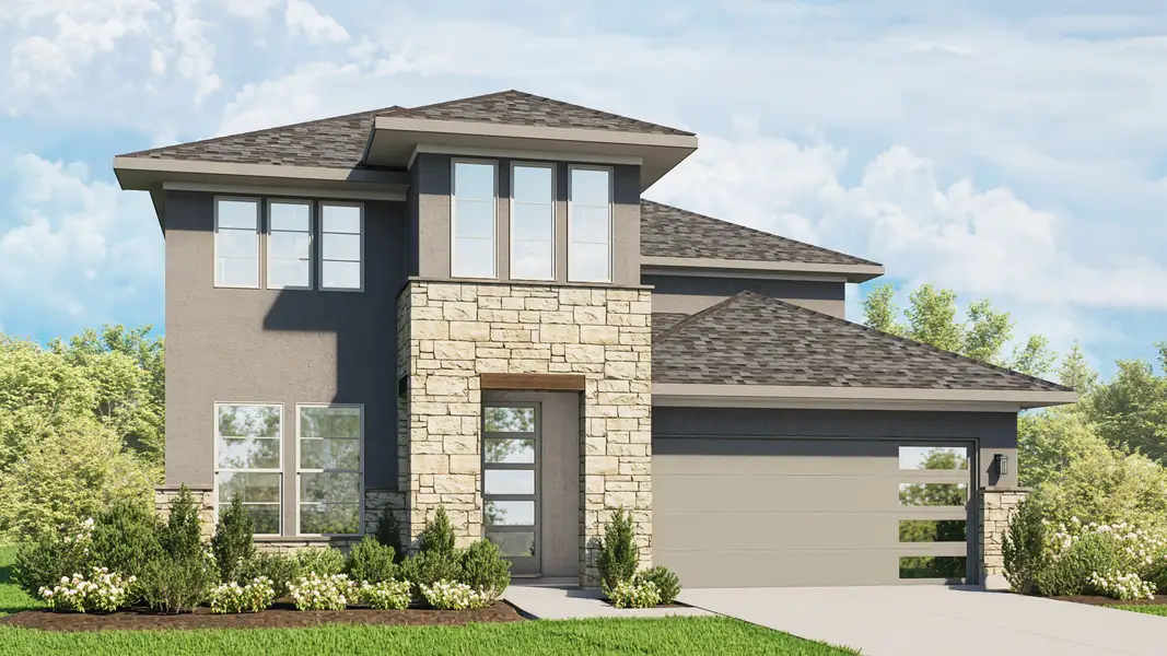 Representative exterior photo of a completed home built from the Elm by DRB Homes in Whisper South, San Marcos, TX (Image 7). Representative exterior photo of a completed home built from the Elm by DRB Homes in Whisper South, San Marcos, TX (Image 7).