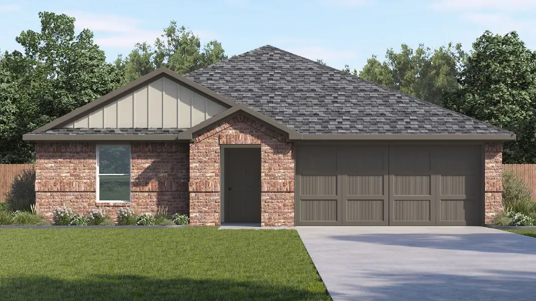 Front exterior of a new home in Westward Pointe, Sealy, TX, highlighting curb appeal (Image 1). Front exterior of a new home in Westward Pointe, Sealy, TX, highlighting curb appeal (Image 1).