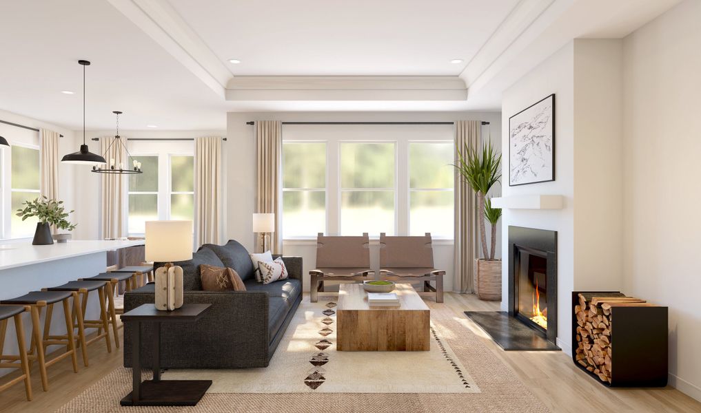 Great room with tray ceiling featuring crown moulding Great room with tray ceiling featuring crown moulding