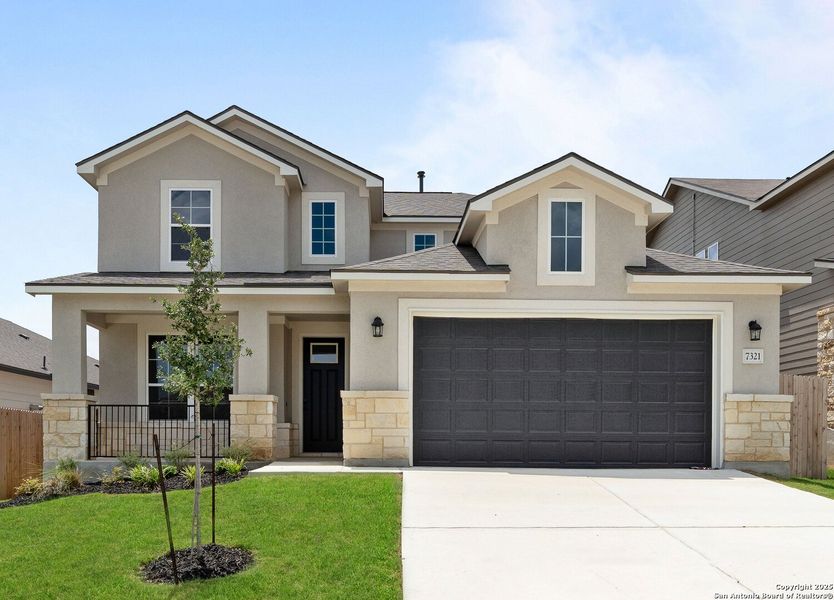 Front exterior of a new home in Skybrooke, San Antonio, TX, highlighting curb appeal (Image 1). Front exterior of a new home in Skybrooke, San Antonio, TX, highlighting curb appeal (Image 1).