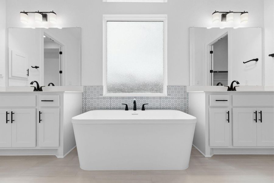 Primary Bath retreat with dual vanities & soaking tub
