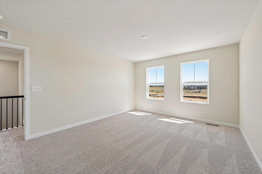 A room with a carpet and windows.