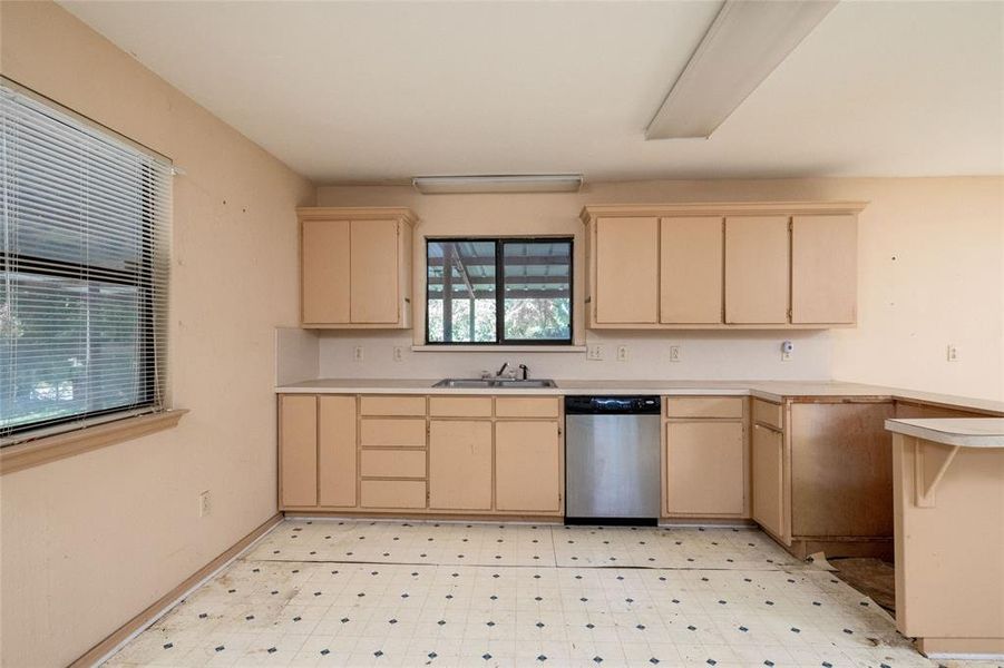 Kitchen with light brown cabinets, sink, and stainless steel dishwasher