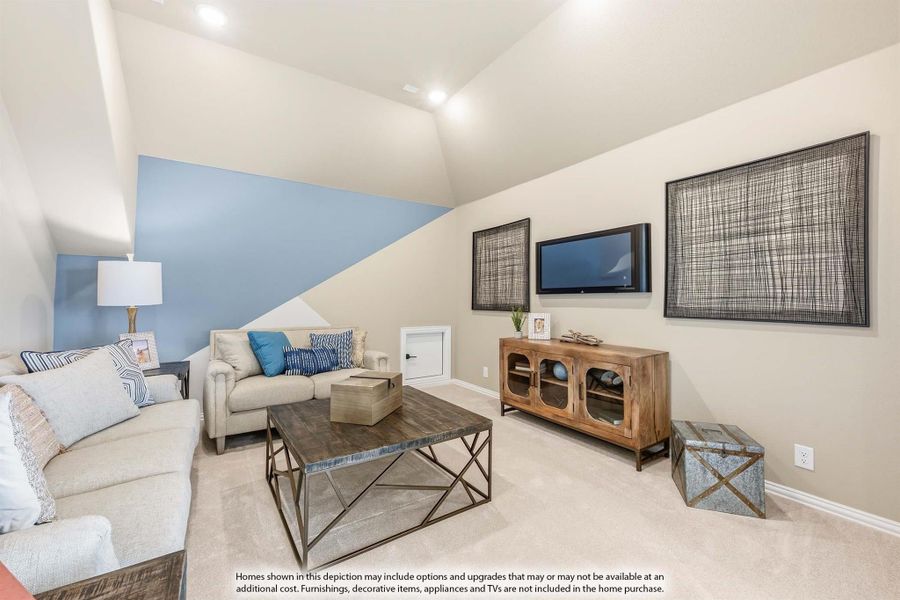 Living room with vaulted ceiling, sectional sofa, wood coffee table, and wall-mounted TV on carpet flooring