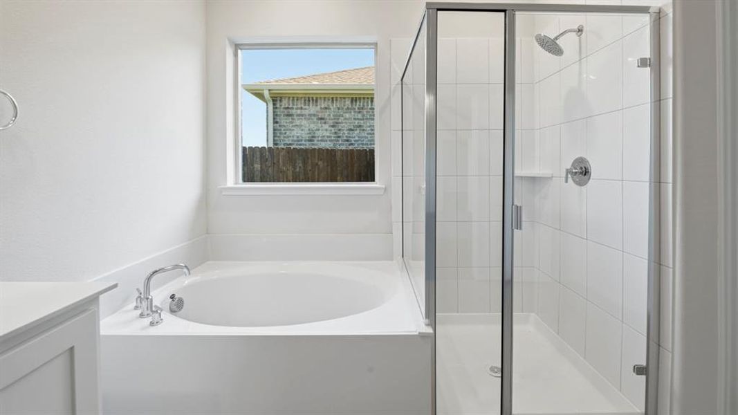 Full bath with a garden tub, vanity, and a shower stall Full bath with a garden tub, vanity, and a shower stall