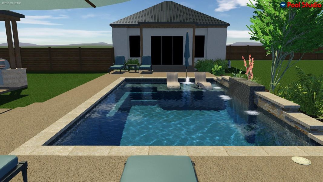 Rendering; View of pool with a patio and a fenced backyard Rendering; View of pool with a patio and a fenced backyard