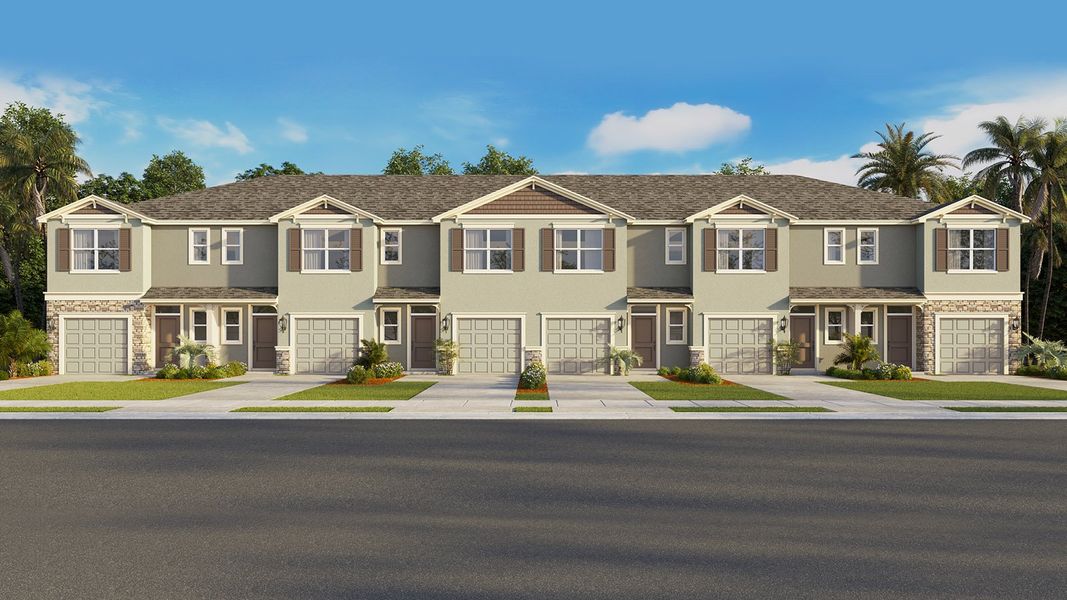Front exterior of a new home in Woodcreek, Wesley Chapel, FL, highlighting curb appeal (Image 24).