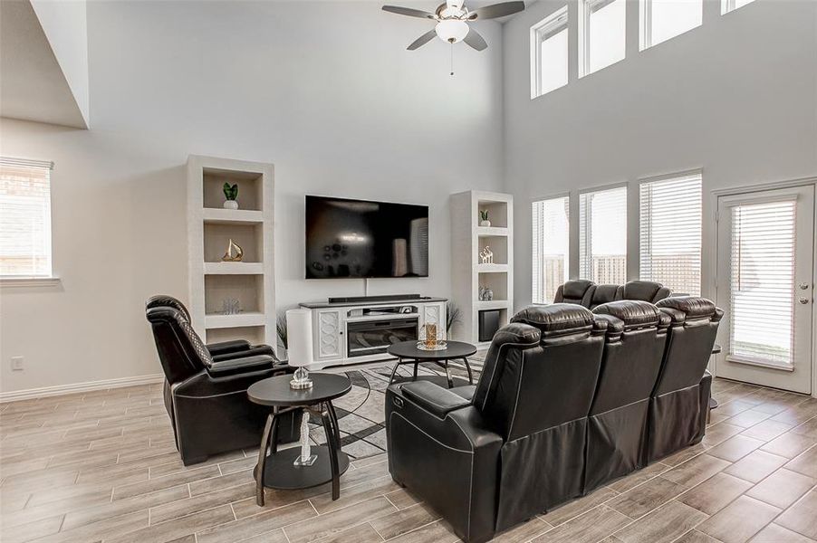 Living Room with custom bookshelves