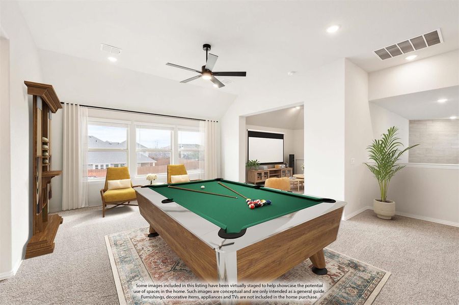 Game room with pool table, vaulted ceiling, ceiling fan, and carpeted floors open to media room Game room with pool table, vaulted ceiling, ceiling fan, and carpeted floors open to media room
