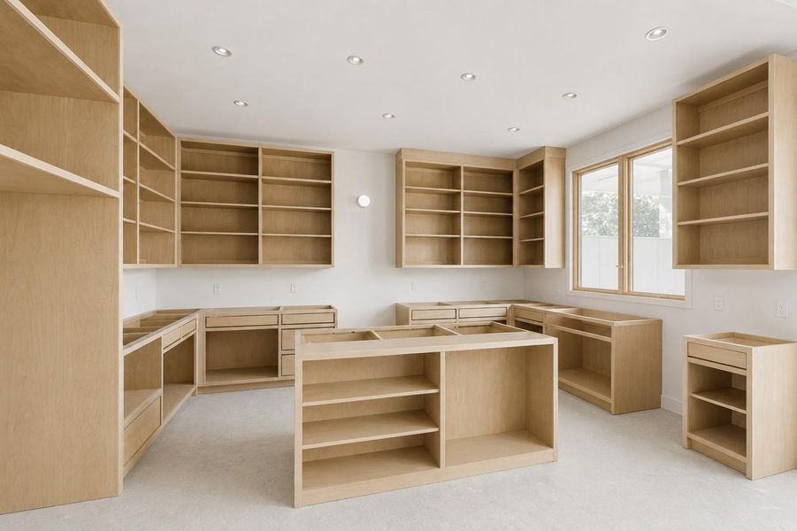Spacious room featuring extensive light wood cabinetry, recessed ceiling lighting, a large double window with wood framing, and an integrated central island structure