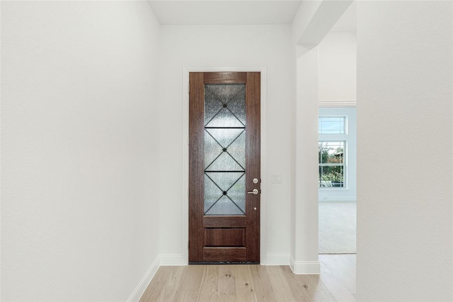 Entryway with dark wood front door featuring decorative glass panels and light hardwood floors