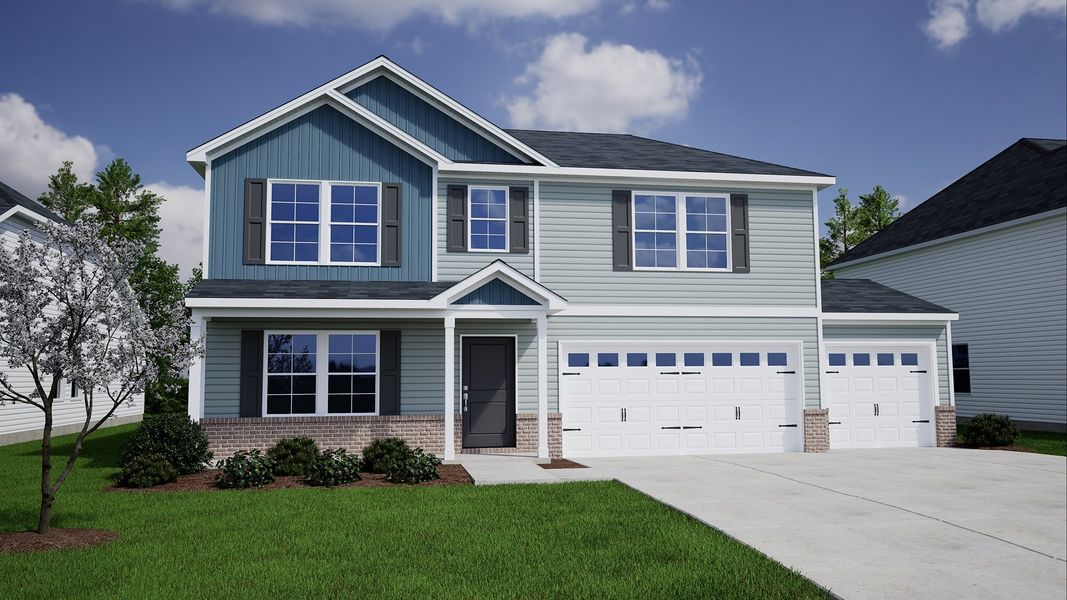 Front exterior of a new home in Burke Estates, Chesnee, SC, highlighting curb appeal (Image 1). Front exterior of a new home in Burke Estates, Chesnee, SC, highlighting curb appeal (Image 1).