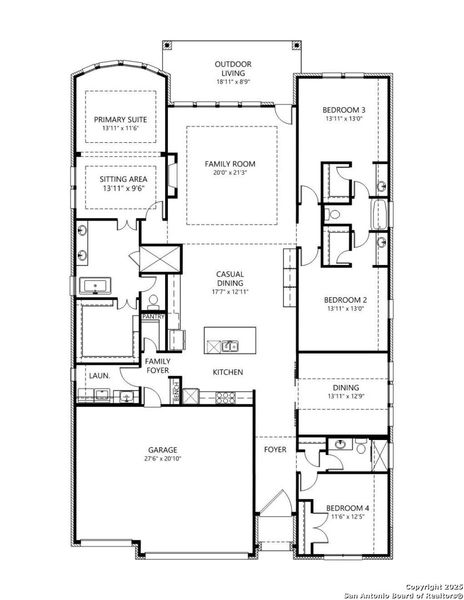 2D floor plan layout of this home in Kinder Ranch 70's, San Antonio, TX (Image 1).