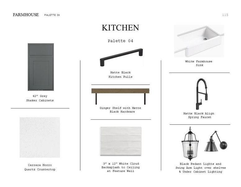 Farmhouse Look Palette 4: Kitchen Selection Sheet (*Artist rendering used for illustration purposes only.) Farmhouse Look Palette 4: Kitchen Selection Sheet (*Artist rendering used for illustration purposes only.)