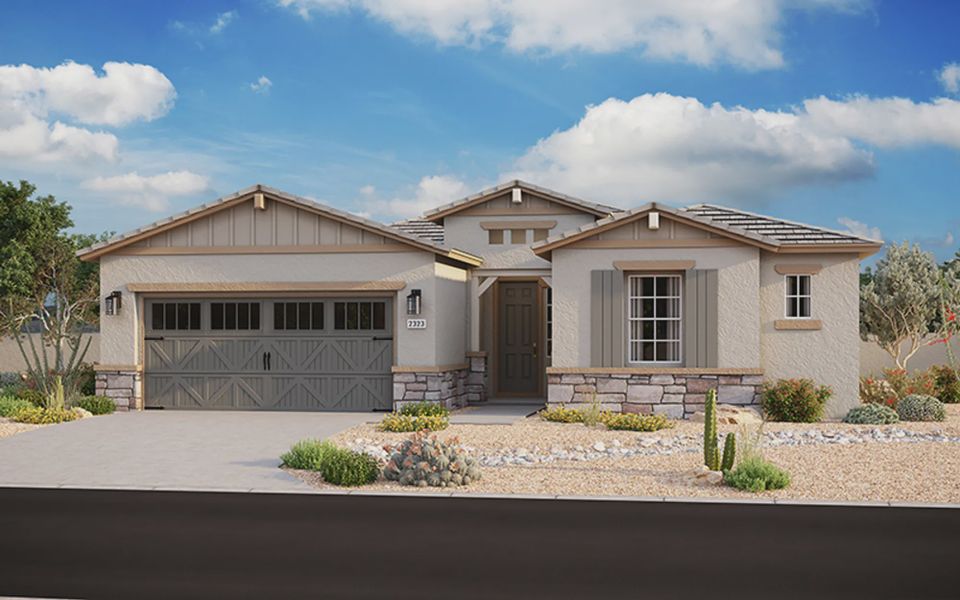 Front exterior of a new home in Forté at Granite Vista, Waddell, AZ, highlighting curb appeal (Image 2).