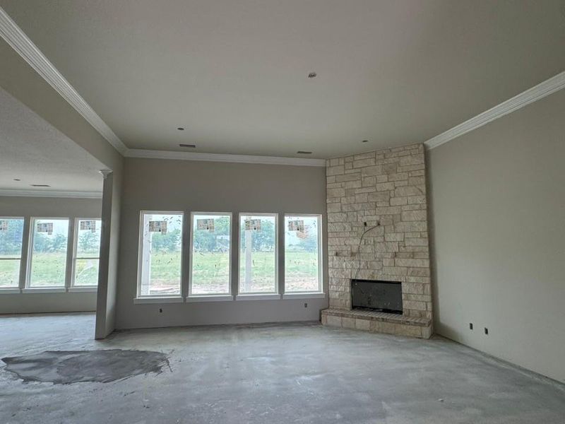 Spacious interior featuring a stone fireplace, multiple windows, high ceilings, and crown molding