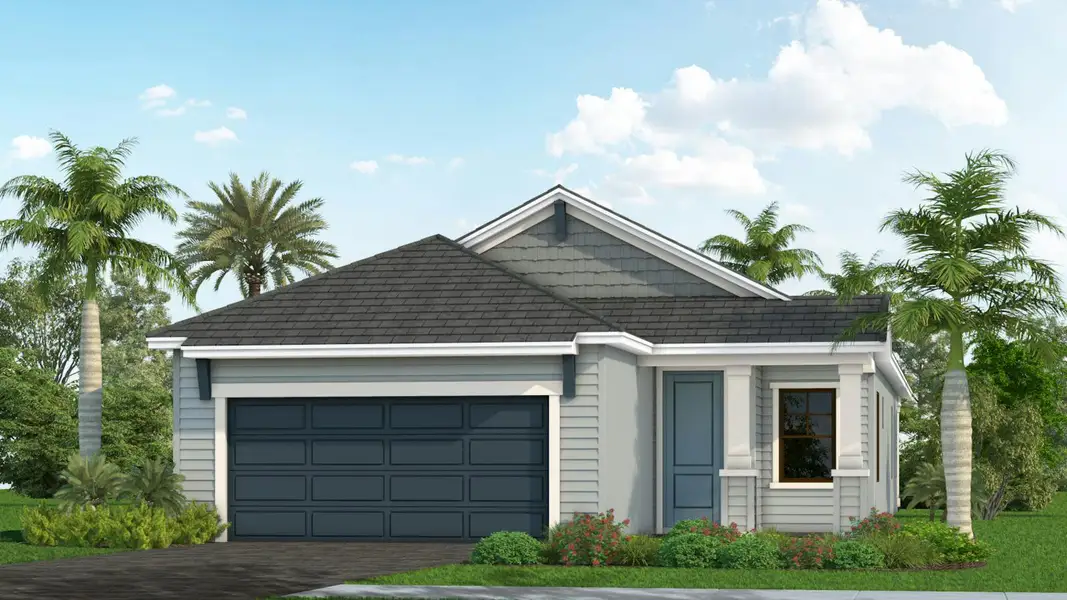 Front exterior of a new home in Palm Grove Real Estate and Homes for Sale in Lakewood Ranch, FL - Neal Communities, Lakewood Ranch, FL, highlighting curb appeal (Image 4).