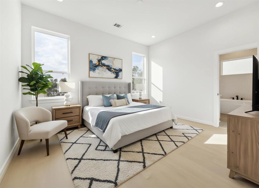 Primary bedroom with warm tones, tall ceilings, and abundant natural light, creating a serene and luxurious retreat that balances comfort and sophistication. *Virtually staged*