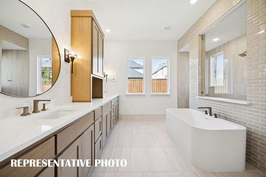 This dream owner's bath features our signature double walk through shower with free standing tub!  REPRESENTATIVE PHOTO