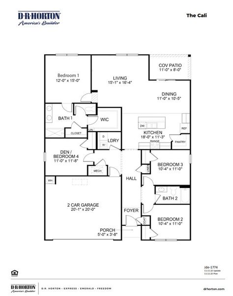 2D floor plan layout for the CALI by D.R. Horton in Harper Meadows, Loris, SC (Image 3).