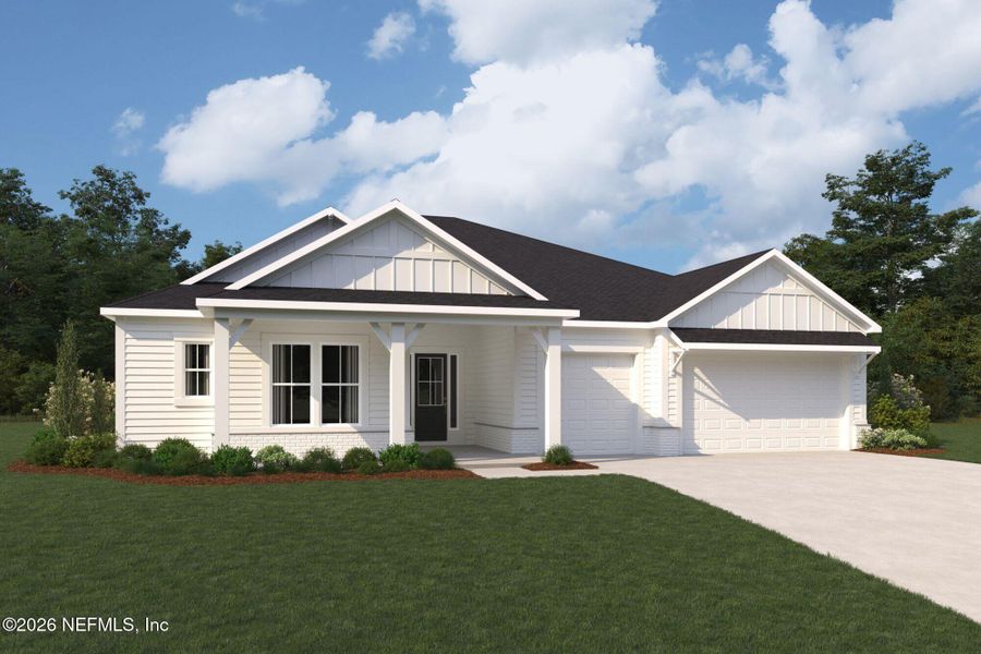 Front exterior of a new home in RiverTown, St. Johns, FL, highlighting curb appeal (Image 1). Front exterior of a new home in RiverTown, St. Johns, FL, highlighting curb appeal (Image 1).