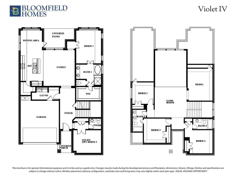 Bloomfield Homes Violet IV two-story floor plan with four bedrooms, game room, media room, and two-car garage.