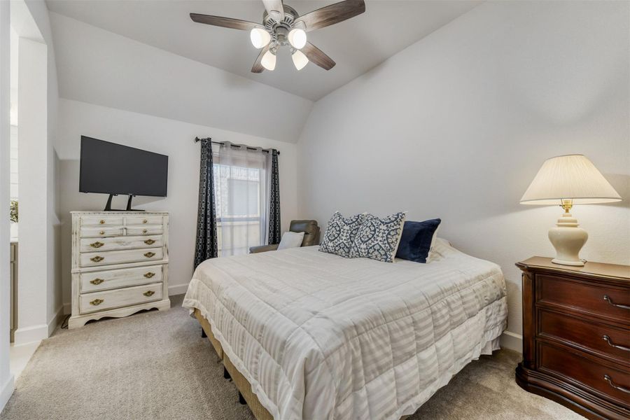 Carpeted bedroom featuring lofted ceiling and a ceiling fan