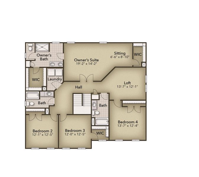 2D floor plan layout for the The Azalea by Chesapeake Homes in The Farm at Neill's Creek, Lillington, NC (Image 6).