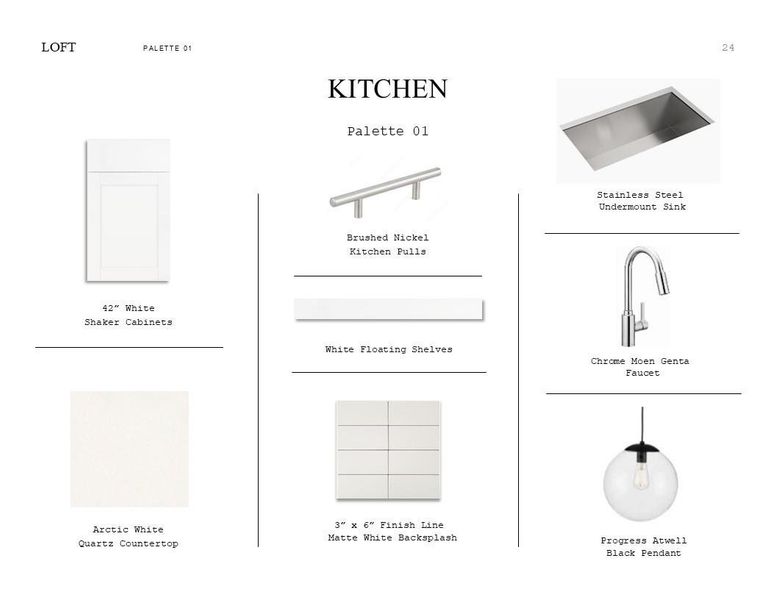 Loft Look Palette 1: Kitchen Selection Sheet (*Artist rendering used for illustration purposes only.) Loft Look Palette 1: Kitchen Selection Sheet (*Artist rendering used for illustration purposes only.)