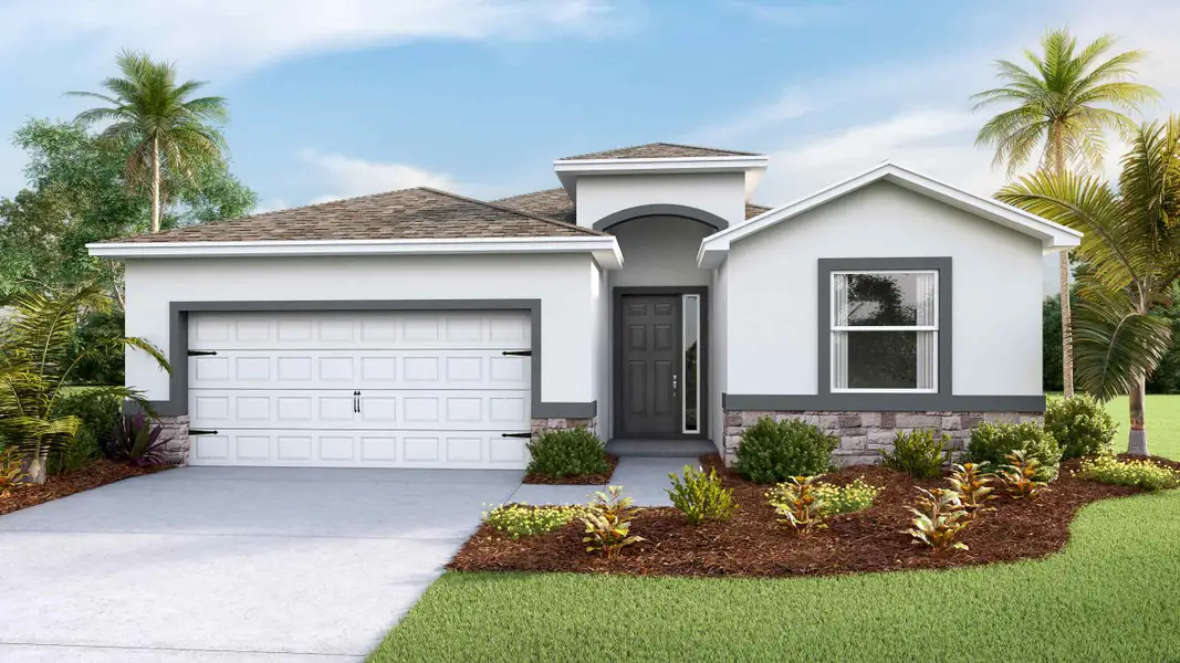 Front exterior of a new home in Farm at Varrea, Plant City, FL, highlighting curb appeal (Image 1). Front exterior of a new home in Farm at Varrea, Plant City, FL, highlighting curb appeal (Image 1).