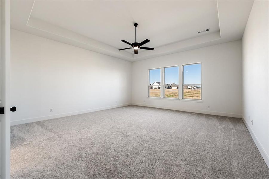 Empty room featuring a tray ceiling, light carpet, and a ceiling fan