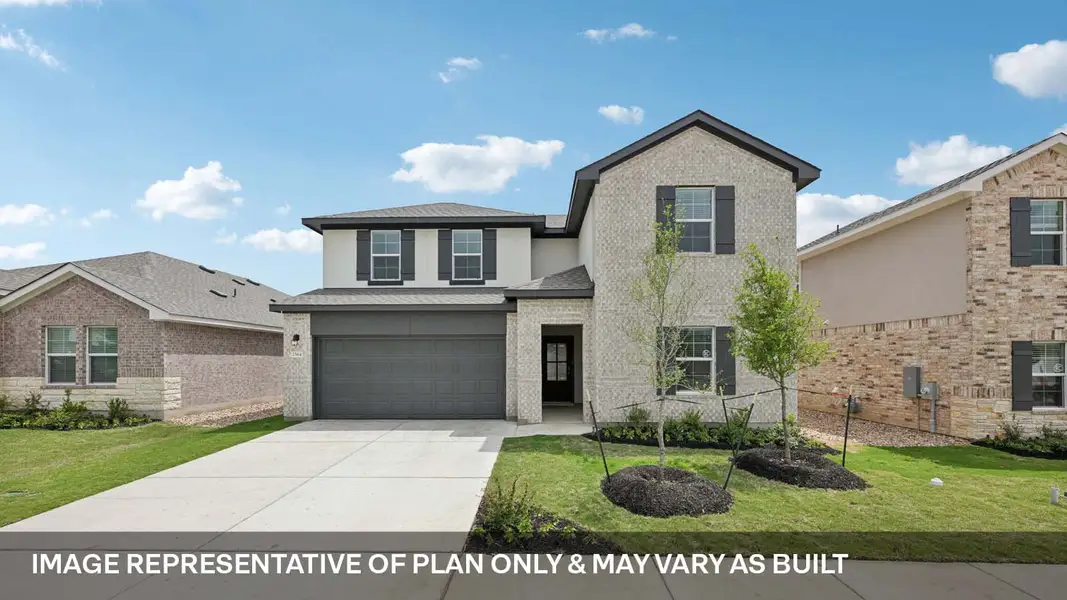 Front exterior of a new home in Rosenbusch Ranch, Leander, TX, highlighting curb appeal (Image 1). Front exterior of a new home in Rosenbusch Ranch, Leander, TX, highlighting curb appeal (Image 1).