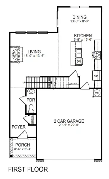 2D floor plan layout for the Edmon by D.R. Horton in The Villages of Maiden, Maiden, NC (Image 3).