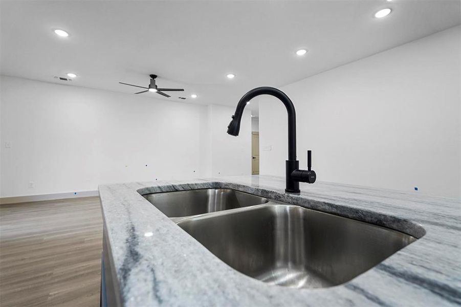 Details featuring a sink, light stone counters, a ceiling fan, and recessed lighting