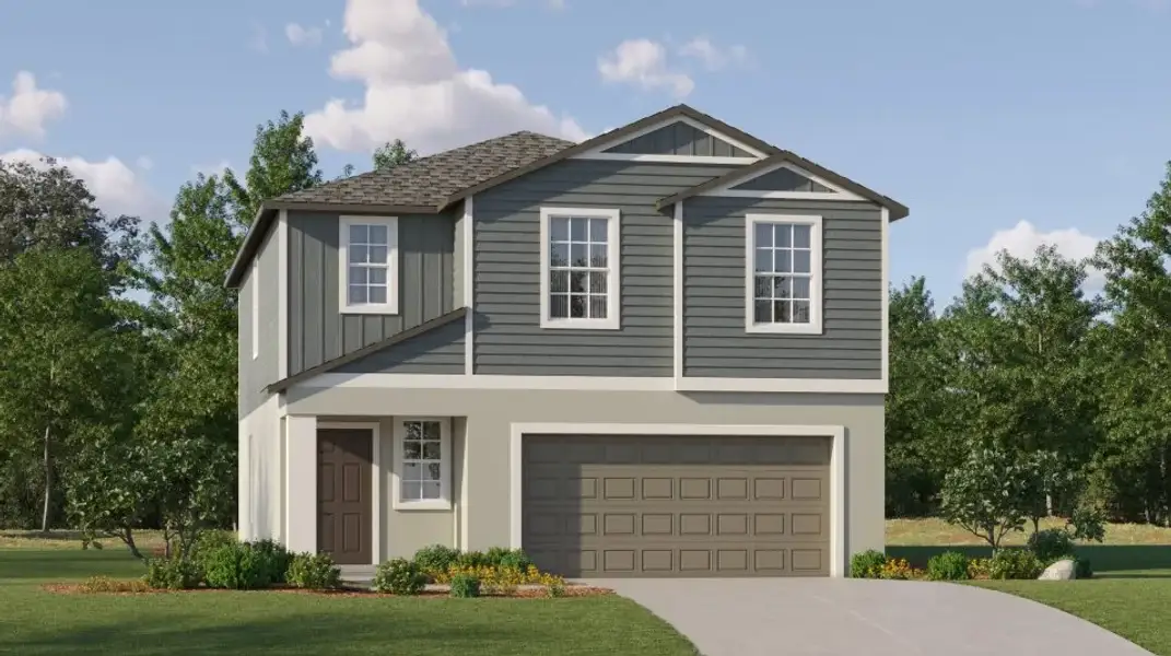 Front exterior of a new home in Connerton, Land O' Lakes, FL, highlighting curb appeal (Image 1). Front exterior of a new home in Connerton, Land O' Lakes, FL, highlighting curb appeal (Image 1).