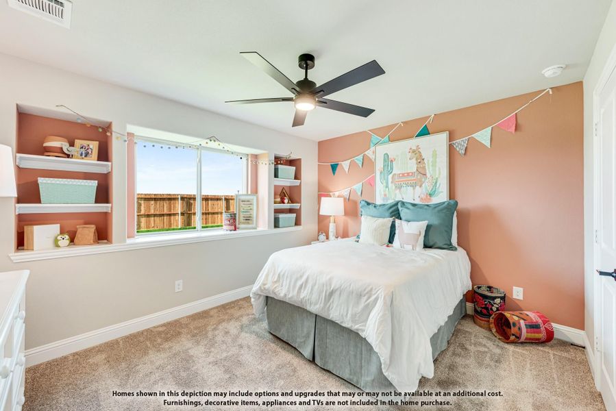 Children's bedroom with pink accent wall, built-in shelves, ceiling fan, and large window Children's bedroom with pink accent wall, built-in shelves, ceiling fan, and large window
