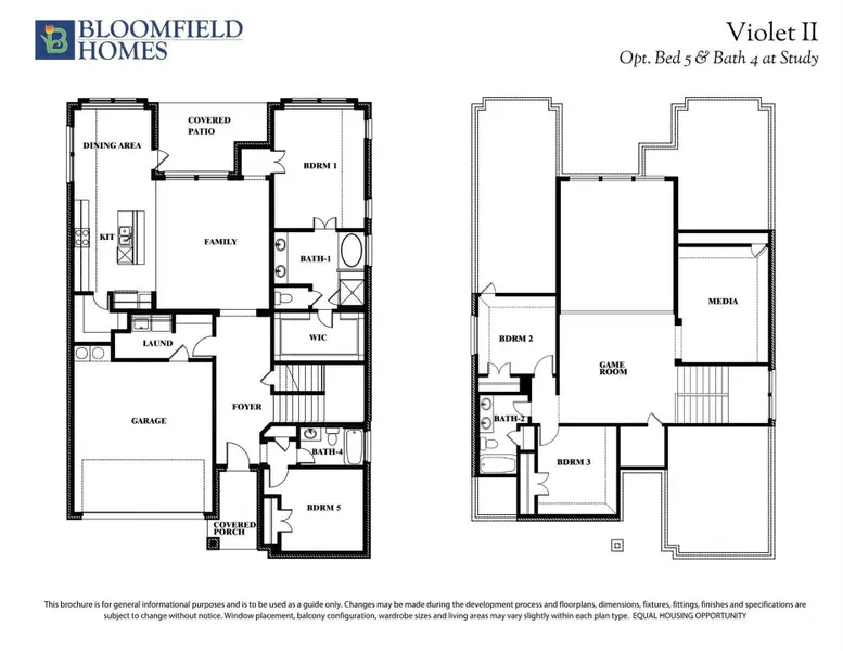 Bloomfield Homes Violet II two-story floor plan with 5 bedrooms, game room, media room, and covered patio. Bloomfield Homes Violet II two-story floor plan with 5 bedrooms, game room, media room, and covered patio.