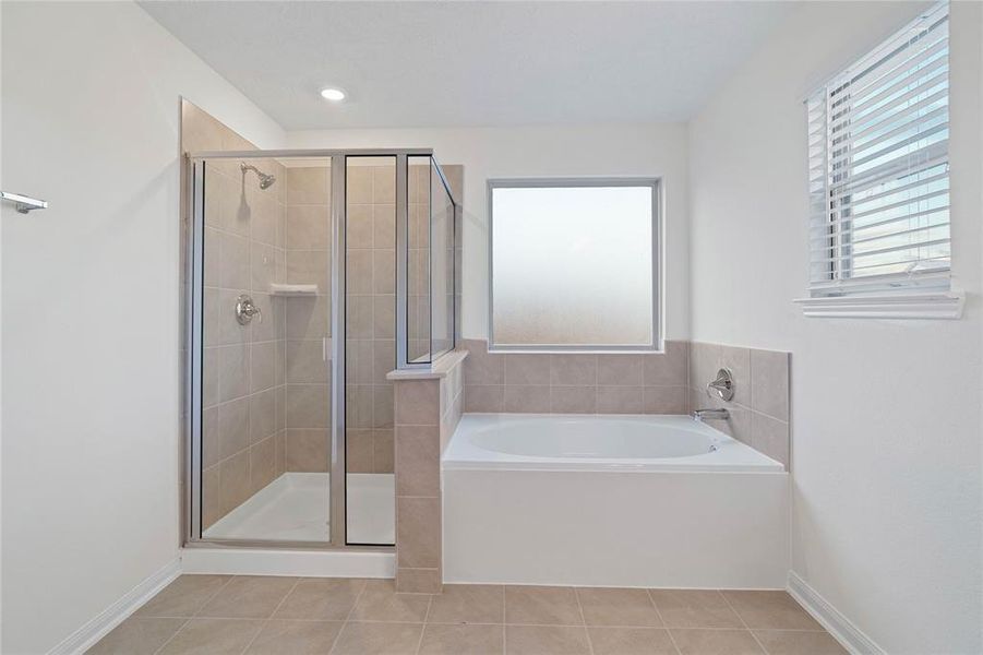 Additional view of the primary bathroom featuring a large garden tub and walk-in shower with tile surround.