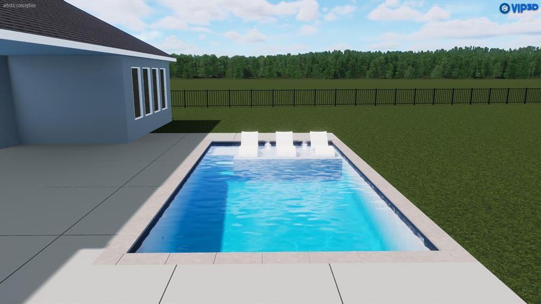 View of pool featuring a fenced backyard, a view of trees, and a patio area