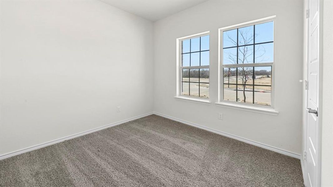 Room featuring two grid-pattern windows, light gray carpeting, and white walls