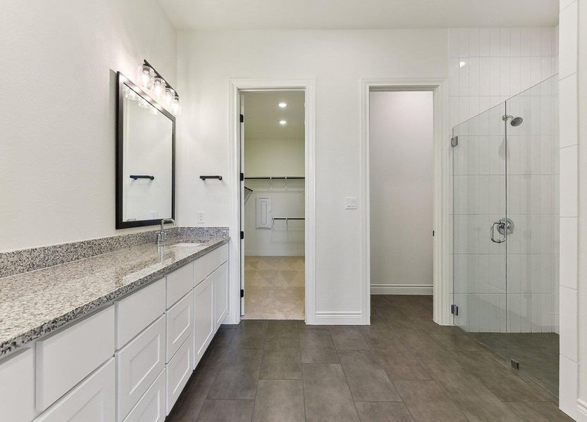 Full bathroom featuring a walk in closet, vanity, a stall shower, and tile patterned flooring Full bathroom featuring a walk in closet, vanity, a stall shower, and tile patterned flooring
