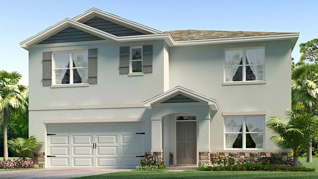 Front exterior of a new home in Angeline, Land O' Lakes, FL, highlighting curb appeal (Image 1). Front exterior of a new home in Angeline, Land O' Lakes, FL, highlighting curb appeal (Image 1).
