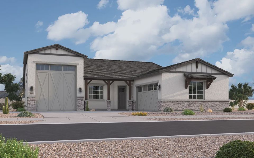 Front exterior of a new home in Valencia at Granite Vista, Waddell, AZ, highlighting curb appeal (Image 2). Front exterior of a new home in Valencia at Granite Vista, Waddell, AZ, highlighting curb appeal (Image 2).