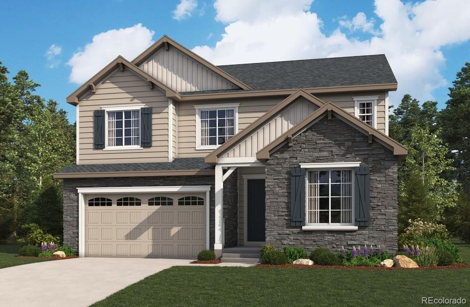 Front exterior of a new home in Harvest Crossing, Aurora, CO, highlighting curb appeal (Image 1). Front exterior of a new home in Harvest Crossing, Aurora, CO, highlighting curb appeal (Image 1).